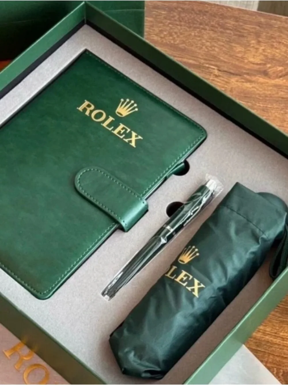 Rolex Green Leather Notebook with Matching Pen and Logo